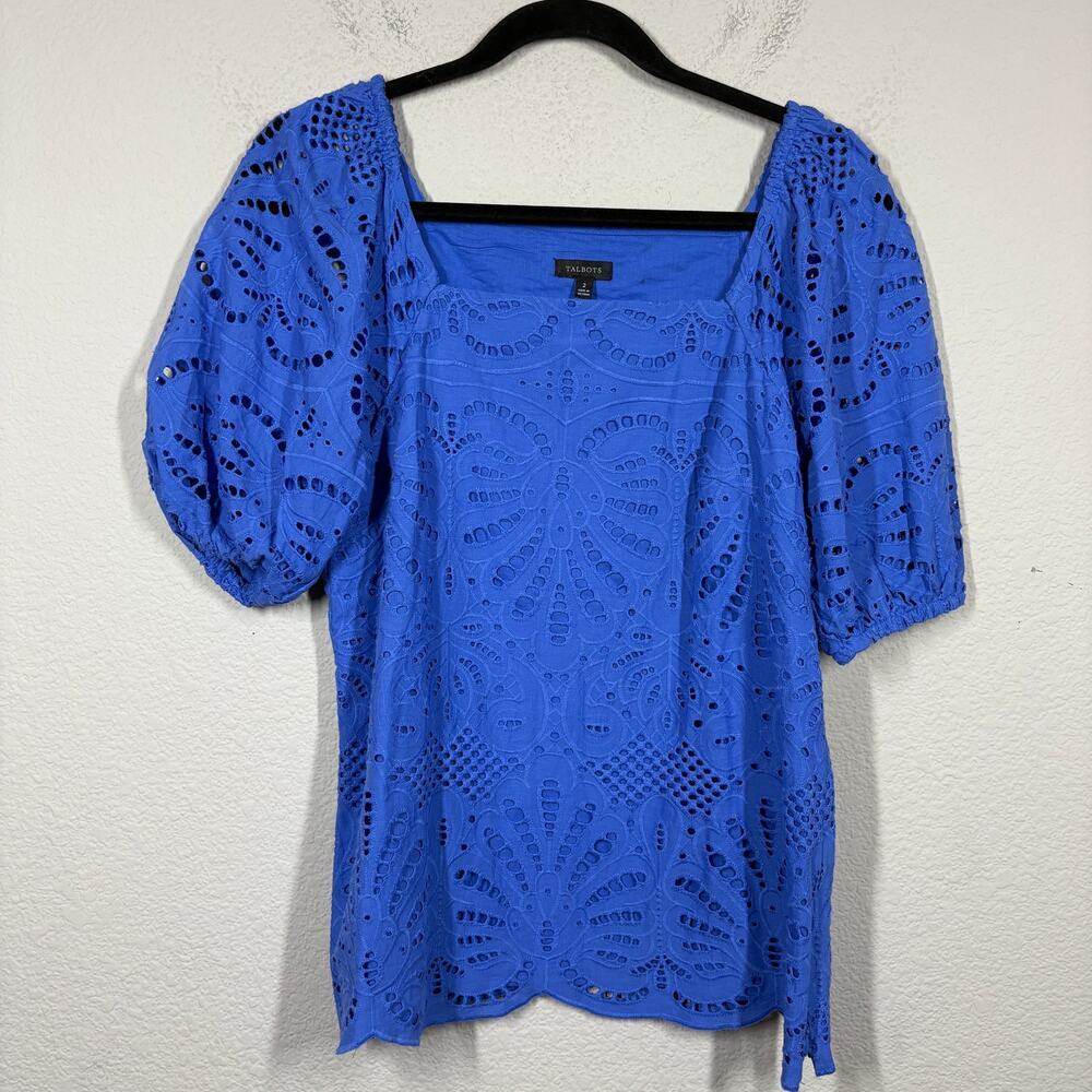 Talbots 2 Eyelet Square Neck Top Blue 100% Cotton Scalloped Hem Puff Sleeves